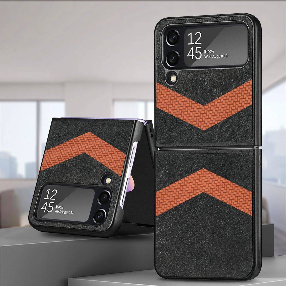 Für Samsung Galaxy Z Flip4 5G Kunstleder / Kunststoff V-Muster Struktur Handy Tasche Hülle Etuis Schwarz