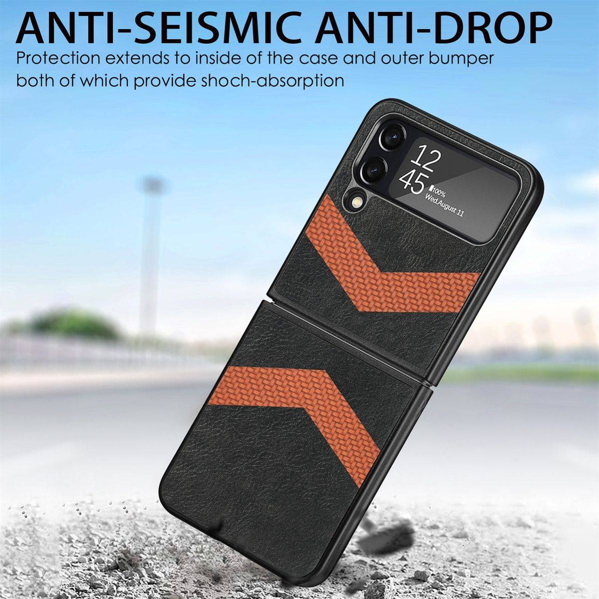 Für Samsung Galaxy Z Flip4 5G Kunstleder / Kunststoff V-Muster Struktur Handy Tasche Hülle Etuis Schwarz