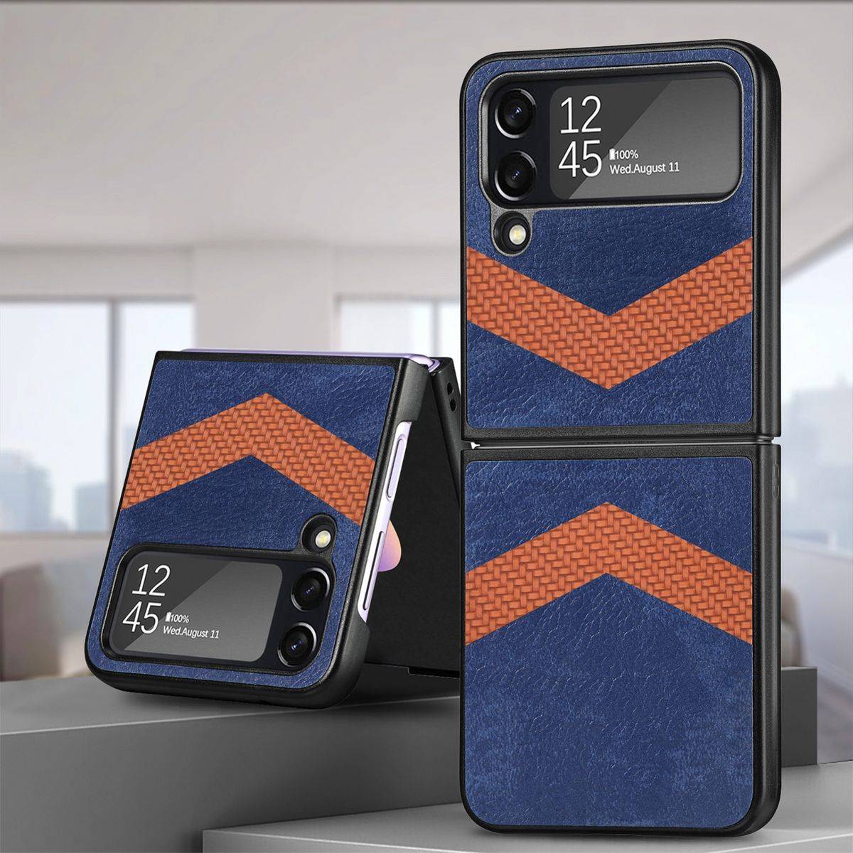 Für Samsung Galaxy Z Flip4 5G Kunstleder / Kunststoff V-Muster Struktur Handy Tasche Hülle Etuis Blau