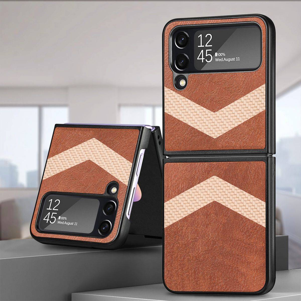 Für Samsung Galaxy Z Flip4 5G Kunstleder / Kunststoff V-Muster Struktur Handy Tasche Hülle Etuis Braun