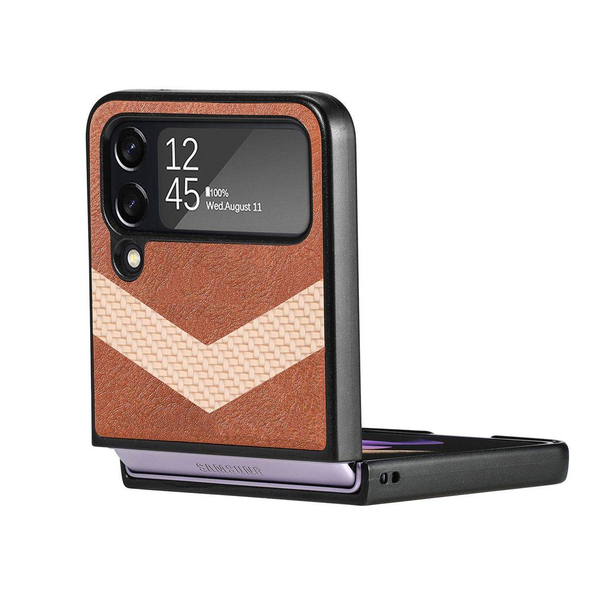 Für Samsung Galaxy Z Flip4 5G Kunstleder / Kunststoff V-Muster Struktur Handy Tasche Hülle Etuis Braun