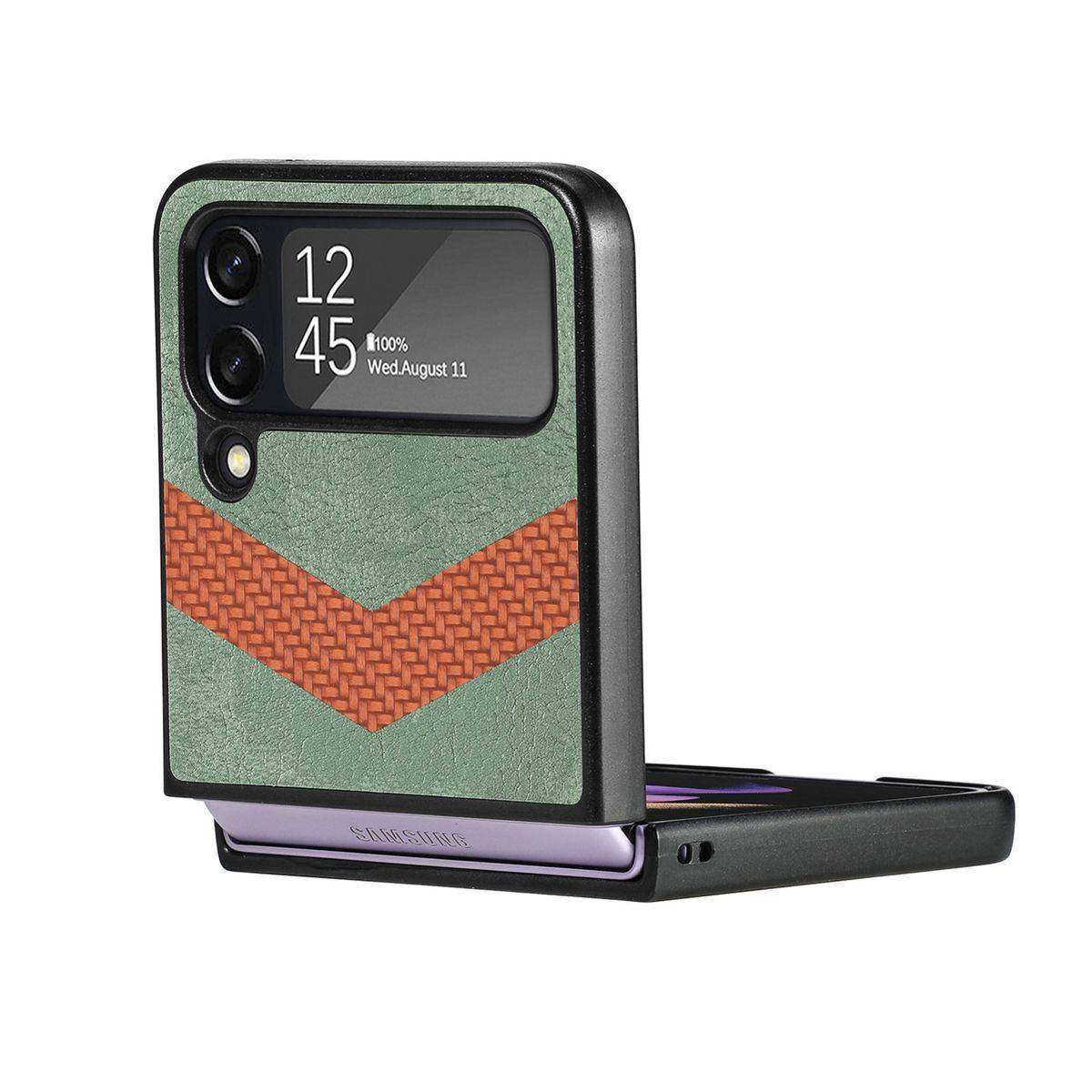 Für Samsung Galaxy Z Flip4 5G Kunstleder / Kunststoff V-Muster Struktur Handy Tasche Hülle Etuis Grün