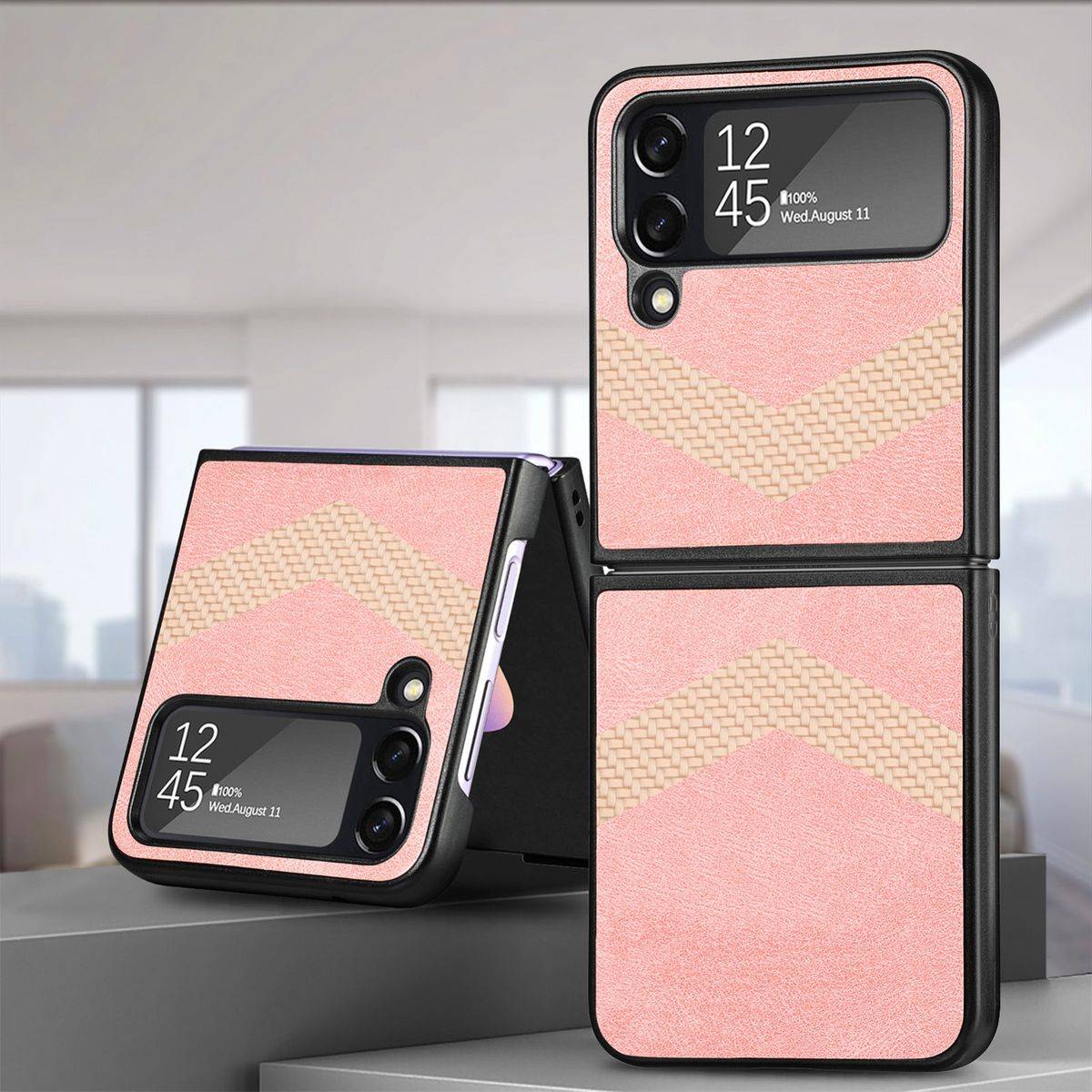 Für Samsung Galaxy Z Flip4 5G Kunstleder / Kunststoff V-Muster Struktur Handy Tasche Hülle Etuis Pink