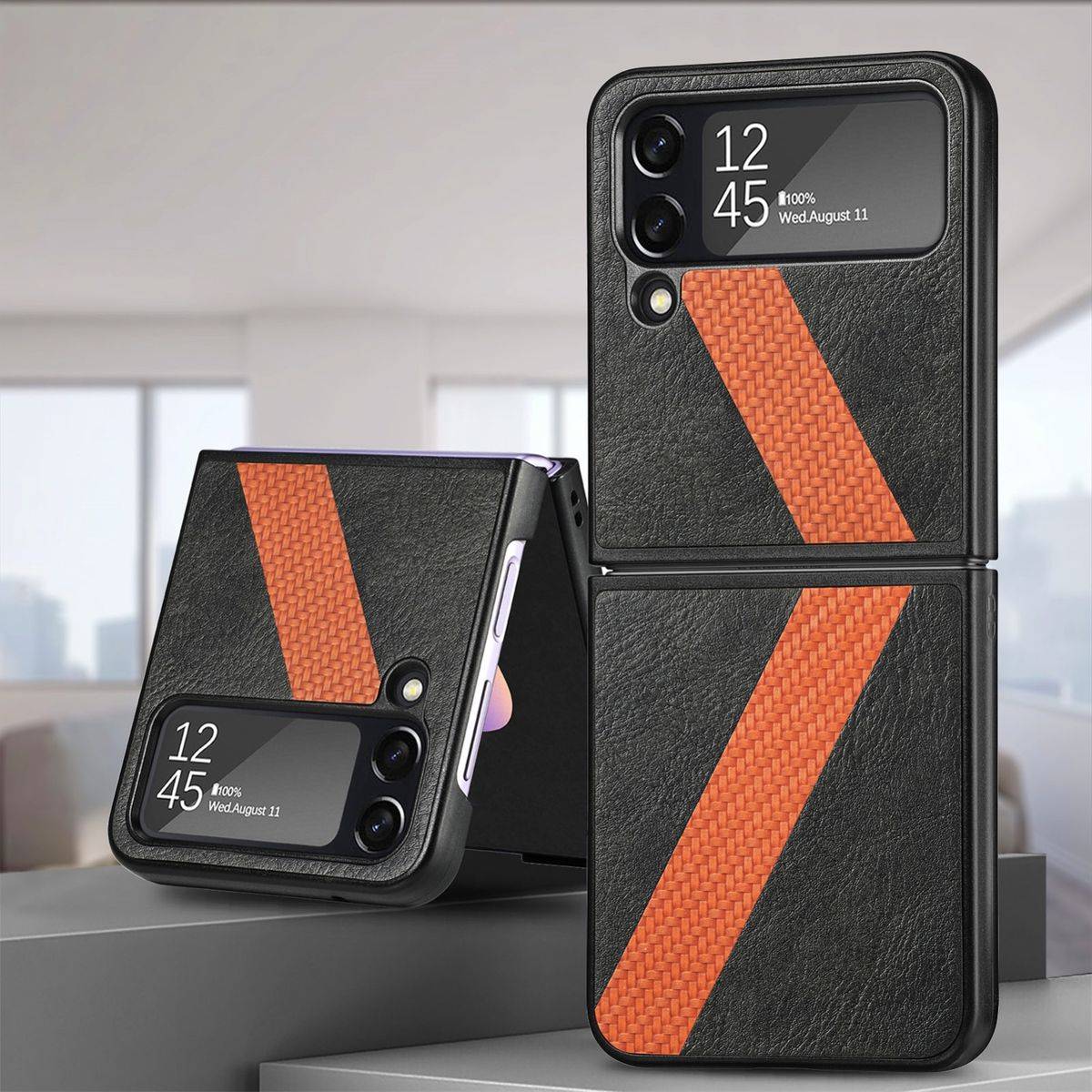 Für Samsung Galaxy Z Flip4 5G Kunstleder / Kunststoff L-Muster Struktur Handy Tasche Hülle Etuis Schwarz
