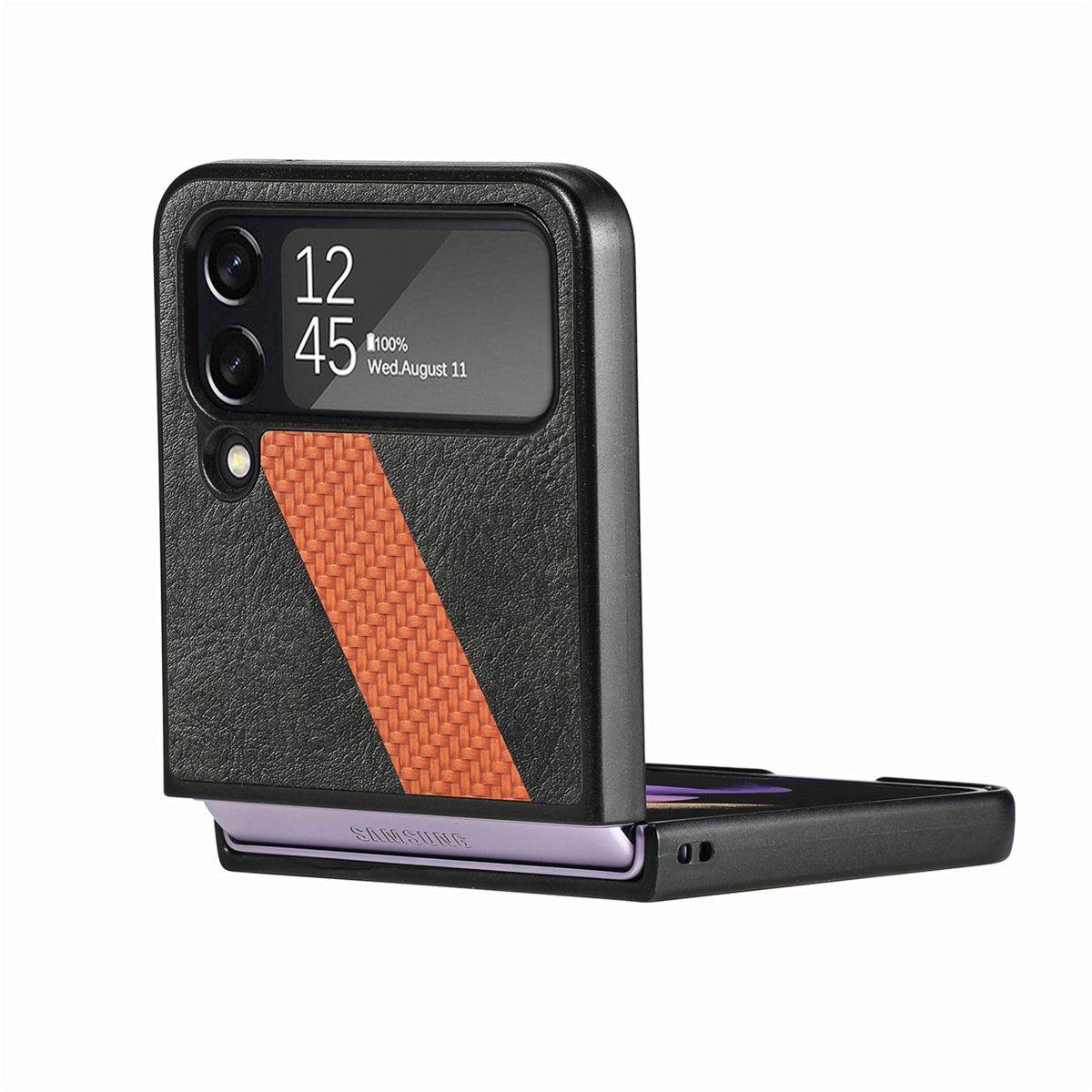 Für Samsung Galaxy Z Flip4 5G Kunstleder / Kunststoff L-Muster Struktur Handy Tasche Hülle Etuis Schwarz