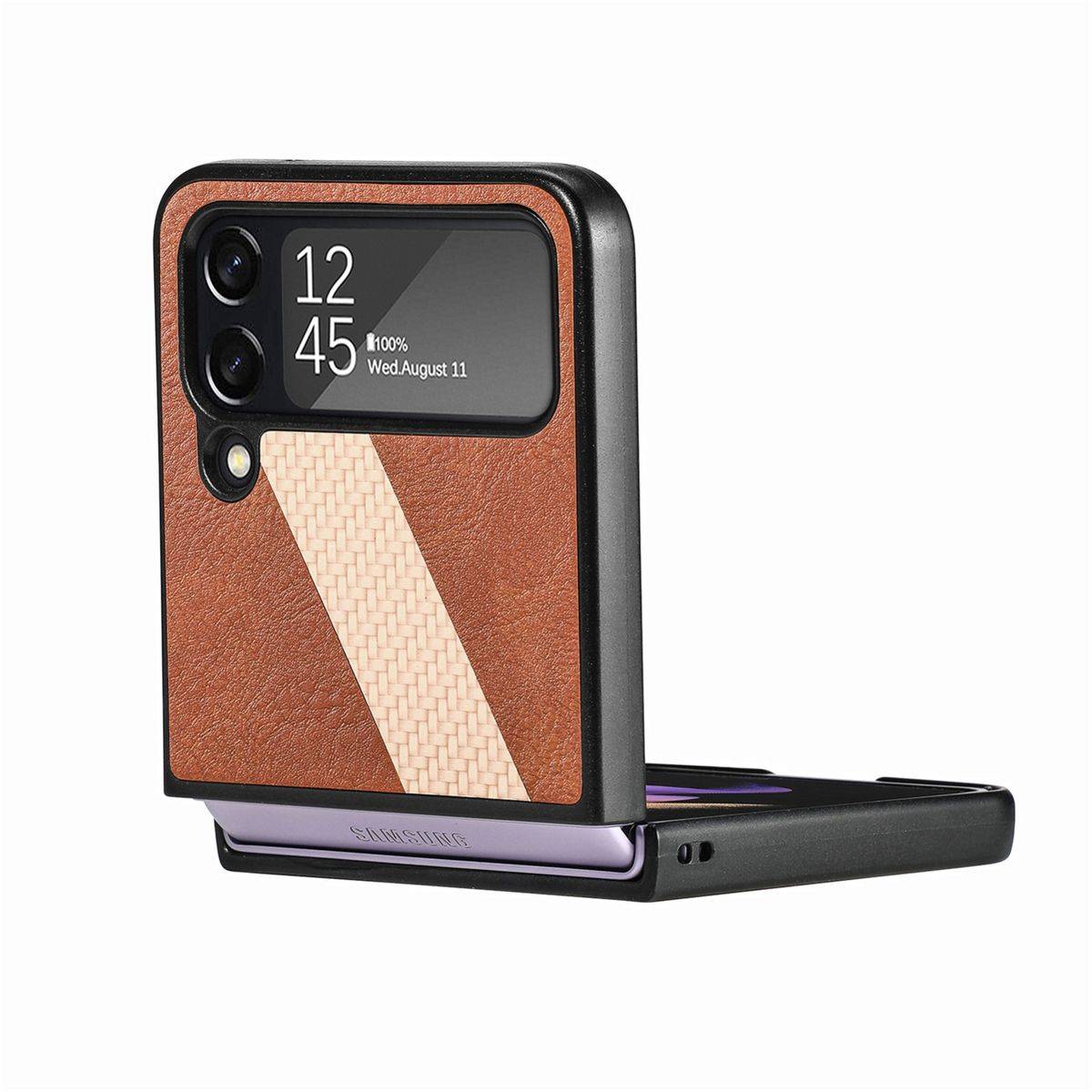 Für Samsung Galaxy Z Flip4 5G Kunstleder / Kunststoff L-Muster Struktur Handy Tasche Hülle Etuis Braun