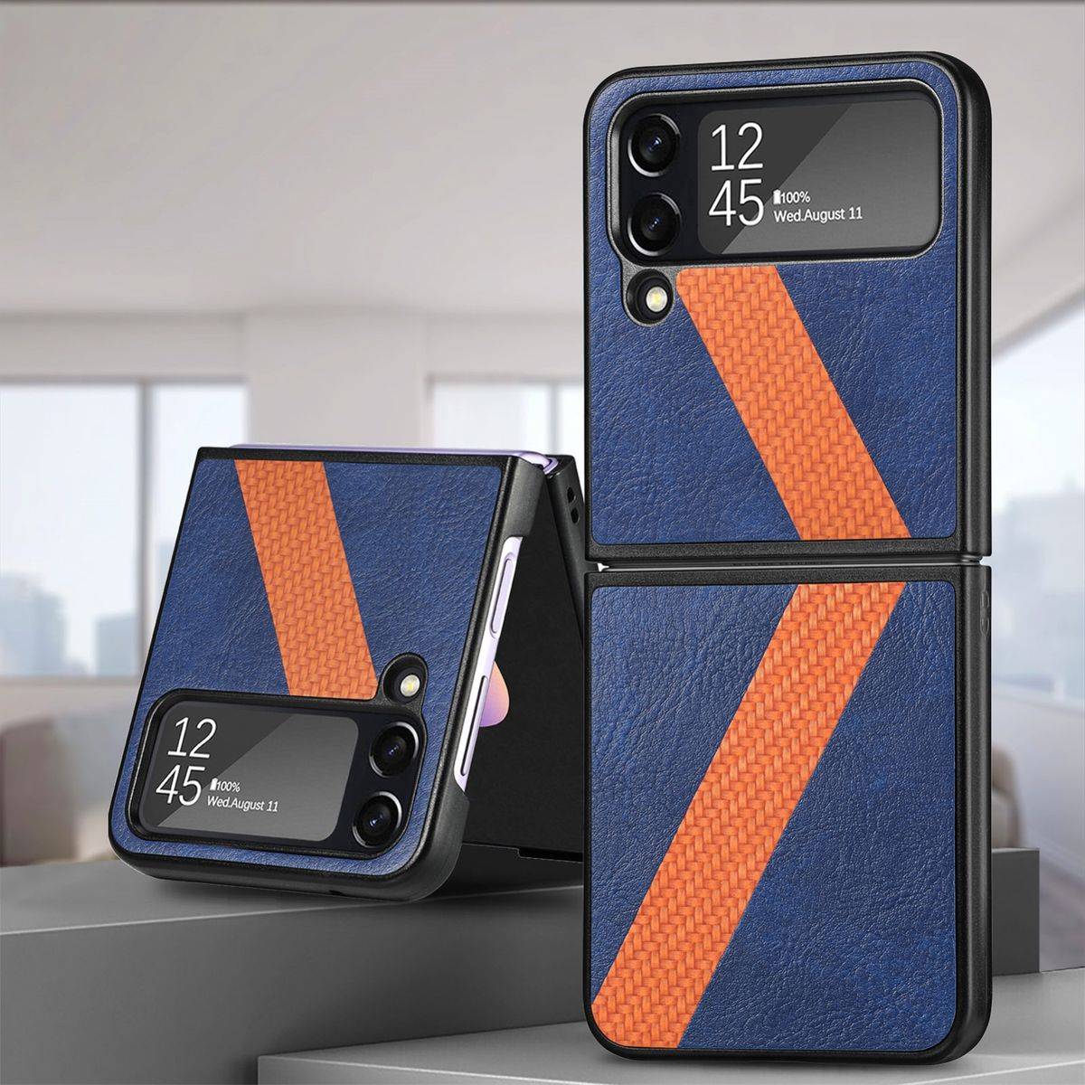 Für Samsung Galaxy Z Flip4 5G Kunstleder / Kunststoff L-Muster Struktur Handy Tasche Hülle Etuis Blau