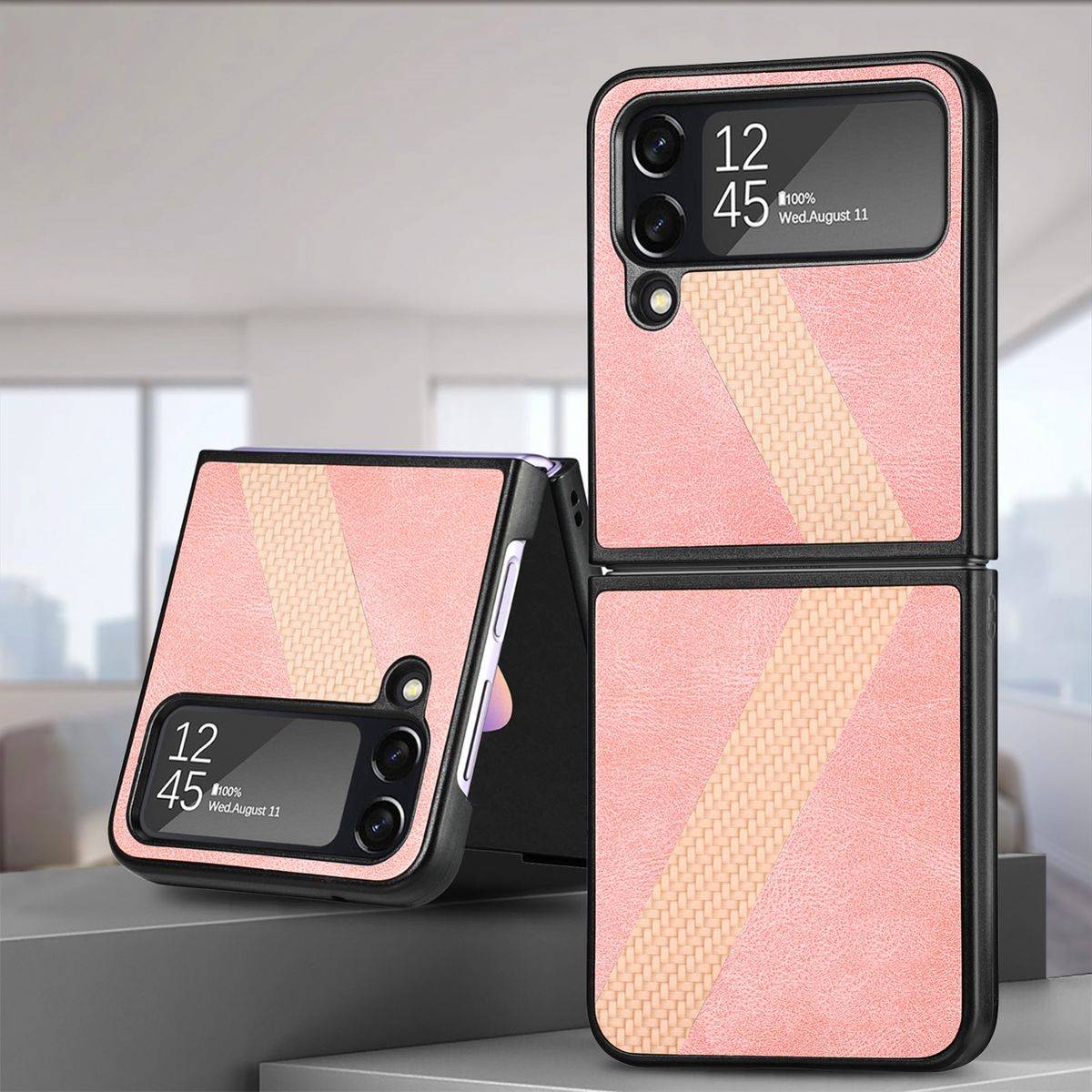 Für Samsung Galaxy Z Flip4 5G Kunstleder / Kunststoff L-Muster Struktur Handy Tasche Hülle Etuis Pink