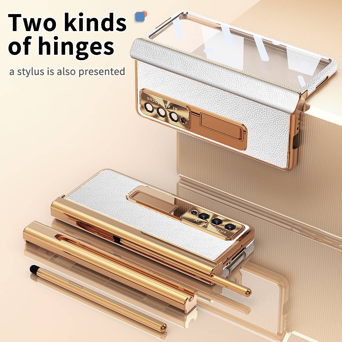 Für Samsung Galaxy Z Fold4 5G Magnetische Kunststoff / Glas Handy Tasche Hülle Etuis Weiß / Gold + Stift