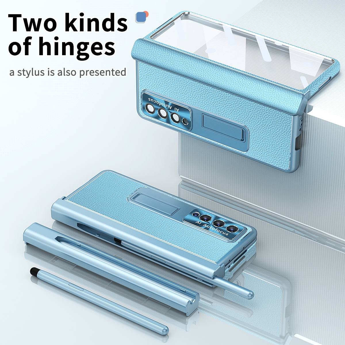 Für Samsung Galaxy Z Fold4 5G Magnetische Kunststoff / Glas Handy Tasche Hülle Etuis Blau + Stift