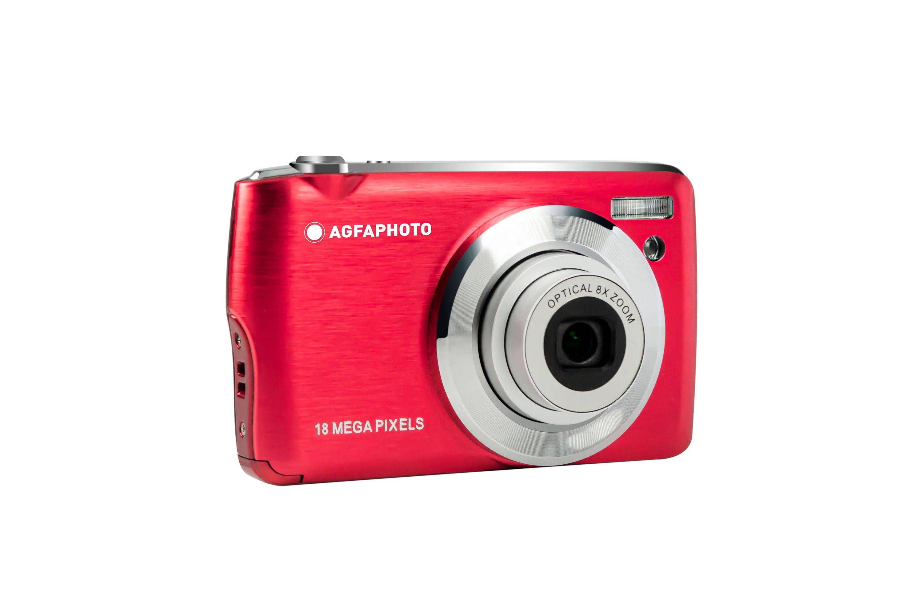 Rote Agfaphoto-Digitalkamera mit silbernem Objektiv und der Aufschrift „18 MEGAPIXEL