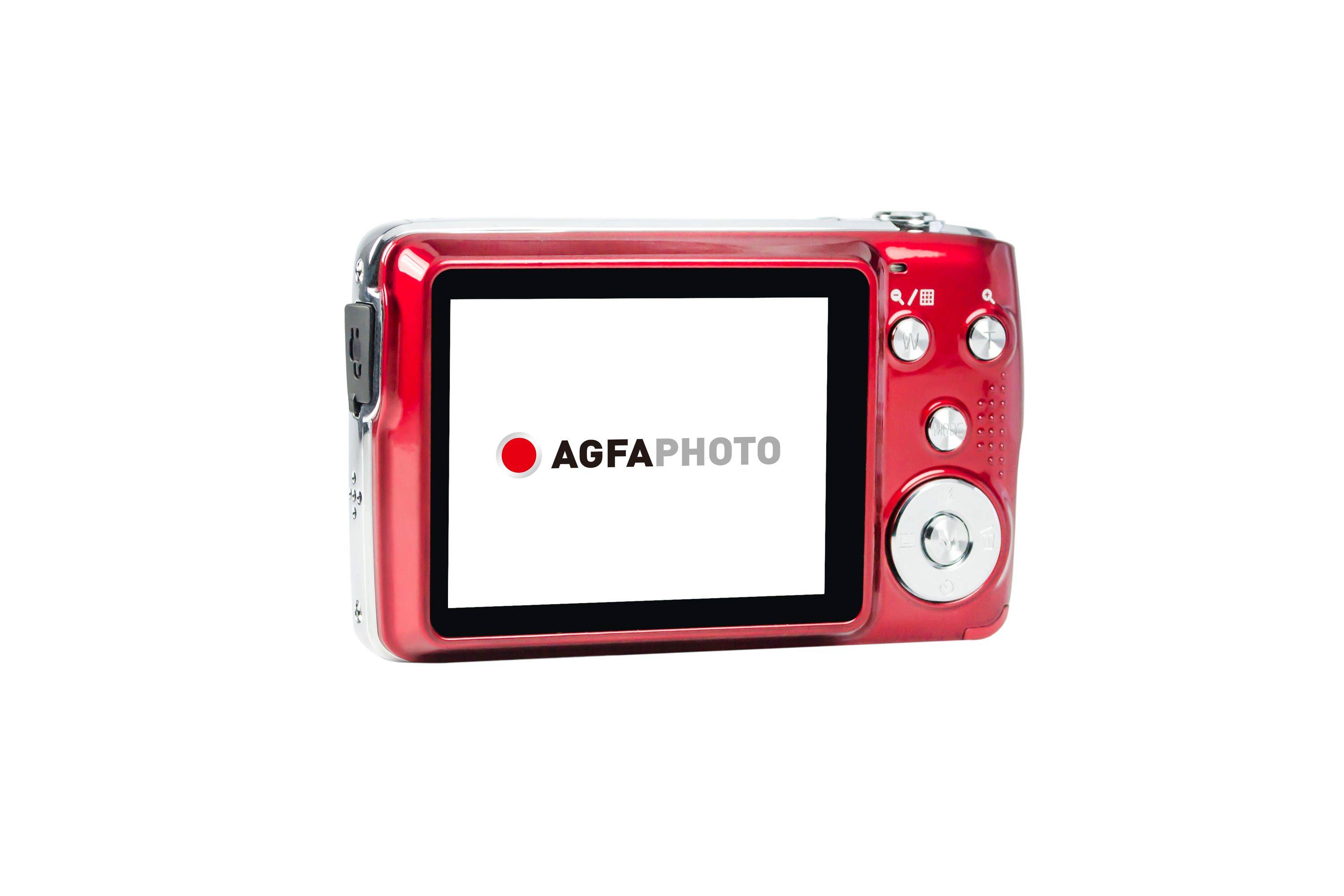 Rote AgfaPhoto-Digitalkamera in Vorderansicht mit Bildschirm, der das AgfaPhoto-Logo anzeigt.