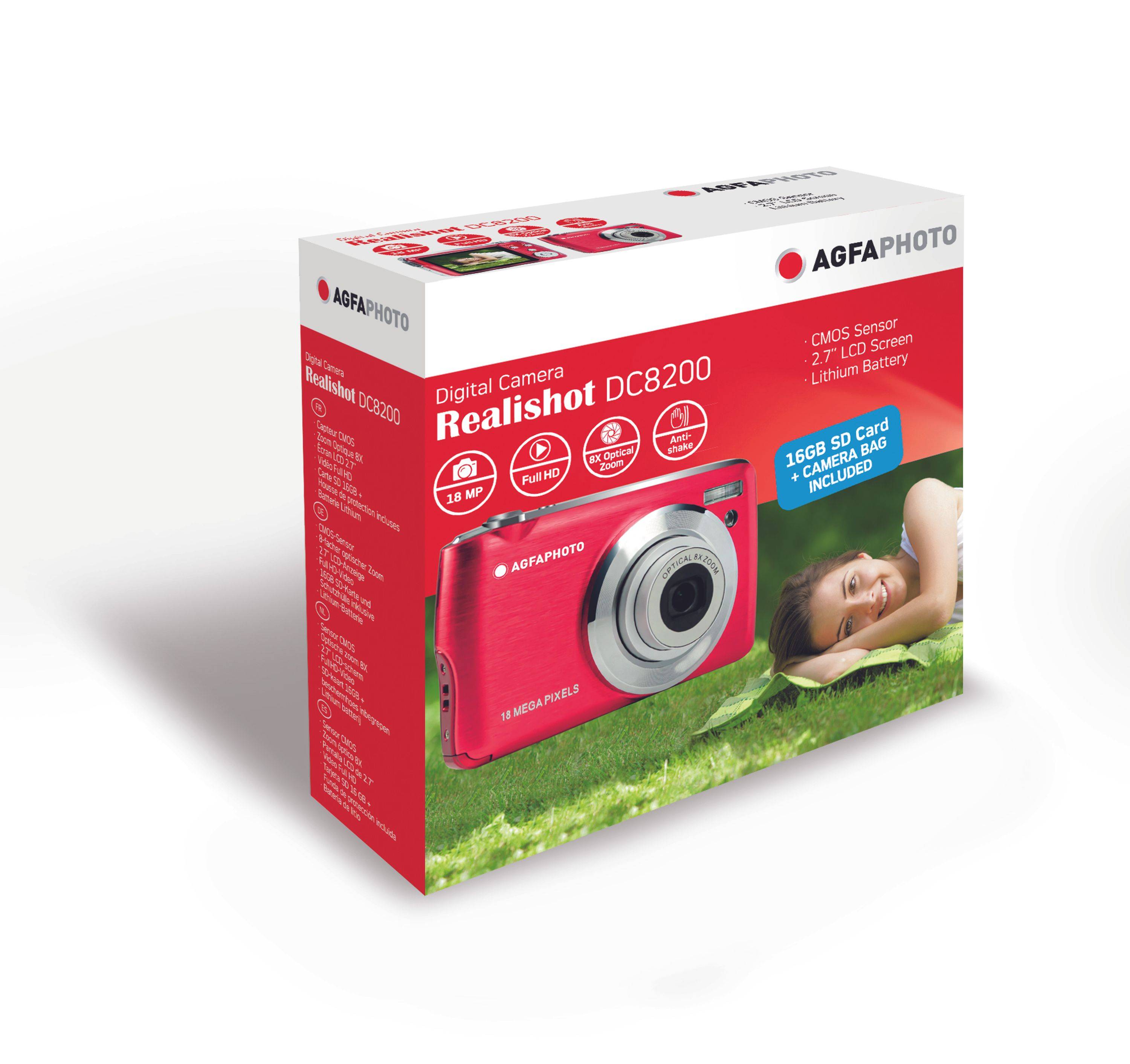 AgfaPhoto Realishot DC8200 Digitalkamera-Box, zeigt eine rote kompakte Kamera und aufgelistete Funktionen einschließlich 18 MP, Full HD, 8x Zoom und mitgelieferte 1GB SD-Karte und Kameratasche.