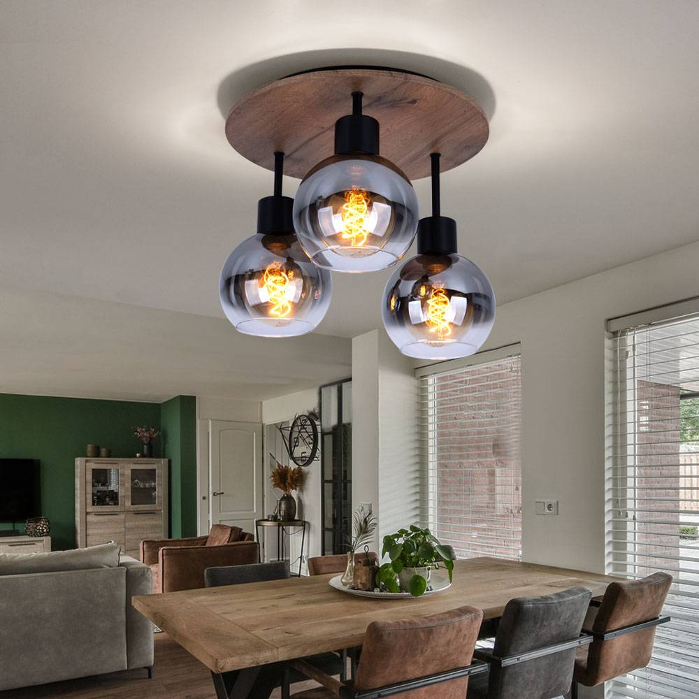 Deckenleuchte Schlafzimmerlampe Deckenstrahler Holzoptik Glasschirm 3-flammig Deckenlampe, Metall MDF, 3x E27 Fassung, DxH 38x30 cm