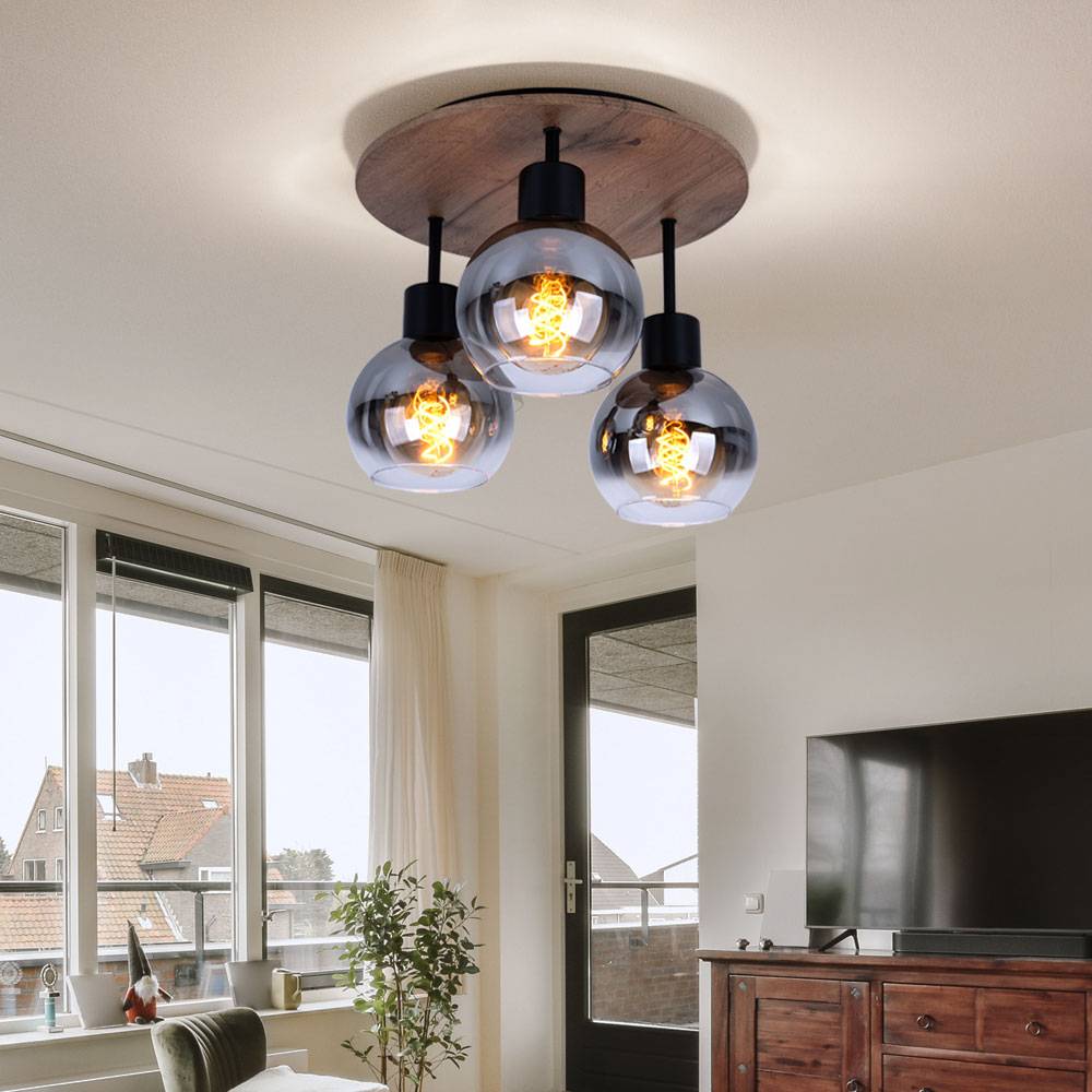 Deckenleuchte Schlafzimmerlampe Deckenstrahler Holzoptik Glasschirm 3-flammig Deckenlampe, Metall MDF, 3x E27 Fassung, DxH 38x30 cm
