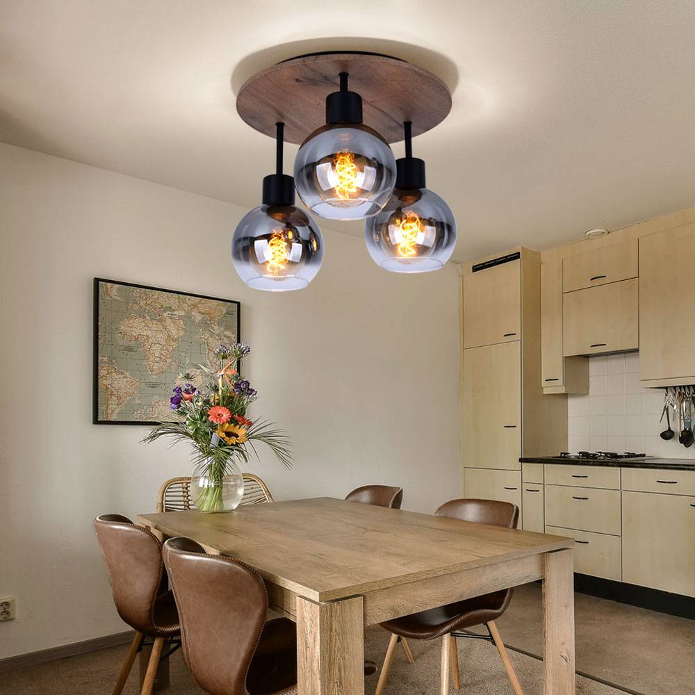 Deckenleuchte Schlafzimmerlampe Deckenstrahler Holzoptik Glasschirm 3-flammig Deckenlampe, Metall MDF, 3x E27 Fassung, DxH 38x30 cm