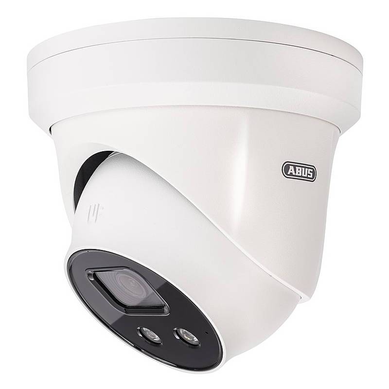 Weiße ABUS-Dome-Sicherheitskamera mit schwarzem Linsengesicht, vor neutralem Hintergrund dargestellt.