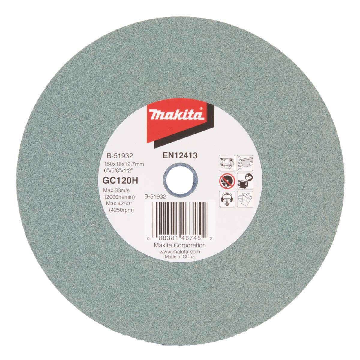 Makita Schleifscheibe mit Kreisschliff gekennzeichnet mit EN12413 und GC120H, frontal dargestellt mit Produktspezifikationen auf dem mittleren Etikett.