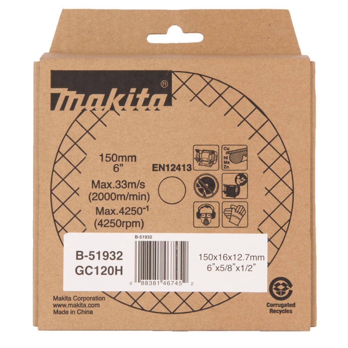 Makita Verpackung für eine 150-mm-Trennscheibe, gekennzeichnet mit B-51932 GC120H, mit Größen- und Drehzahlangaben und Sicherheitssymbolen.