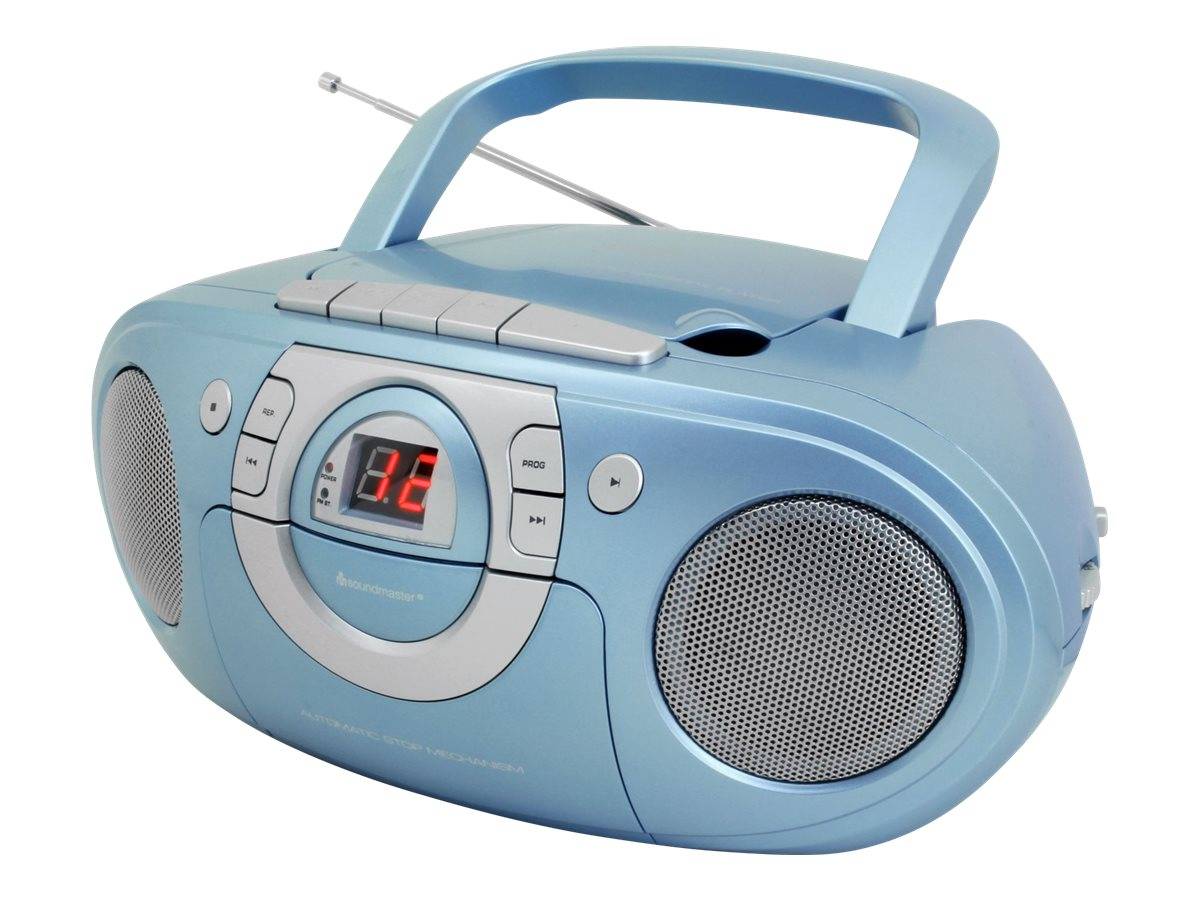 Eine blaue tragbare Boombox mit einem Griff, auf deren digitalem Display die Zahl '16' angezeigt wird, verfügt über Lautsprecher und Bedienungstasten auf der Oberseite.