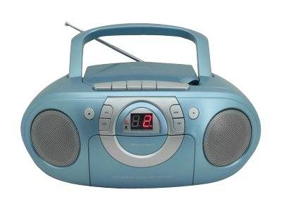 Ein blauer tragbarer CD-Player mit Lautsprechern und einem Griff, ausgestattet mit digitalen Bedienelementen und einem kleinen Display, auf dem die Zahl '8' angezeigt wird.