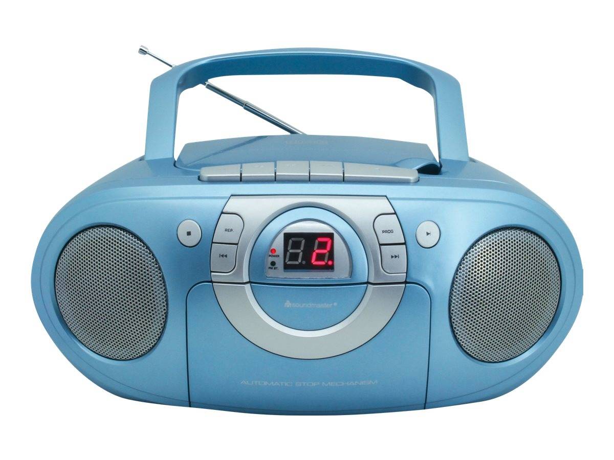 Eine blaue tragbare Boombox mit einer digitalen Anzeige, die eine '2' zeigt, ausgestattet mit Lautsprechern, einem Griff und Tasten zur Mediensteuerung.