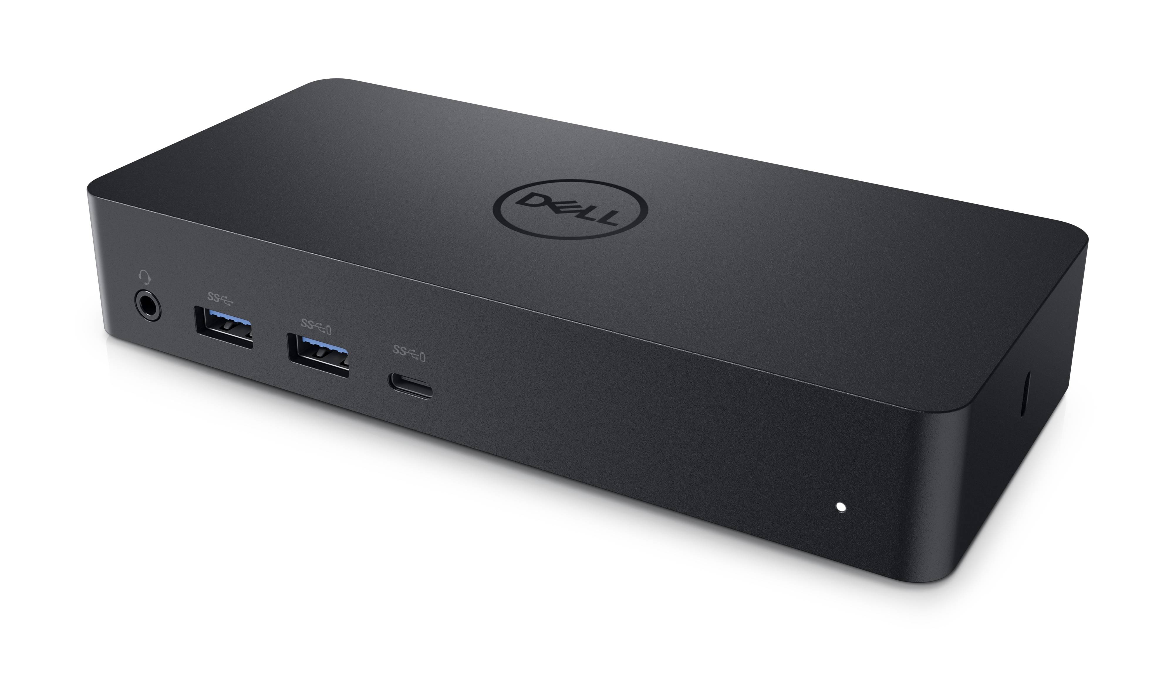 Schwarze Dell-Dockingstation mit Netzschalter und vorderen Anschlüssen, einschließlich Audiobuchse, zwei USB-Anschlüssen und einem USB-C-Anschluss, auf weißem Hintergrund dargestellt.