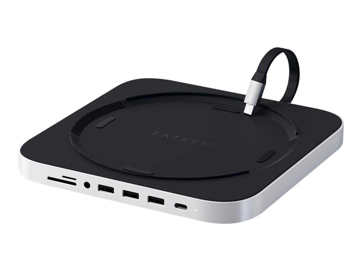 Ein runder schwarzer Hub für Apple Mac Mini mit USB-Anschlüssen und Kopfhörerbuchse, entwickelt von Satechi für erweiterte Konnektivität.