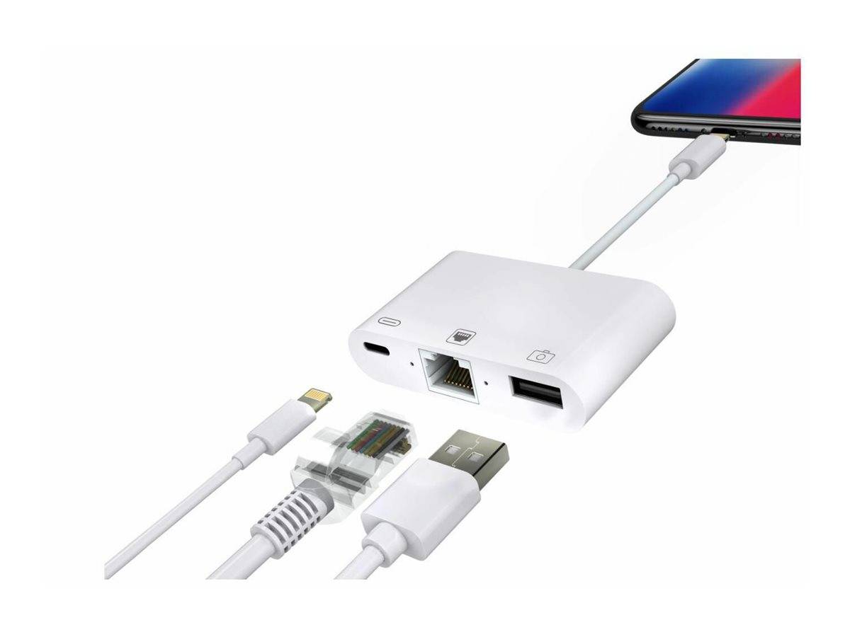 USB-C-Hub-Adapter verbunden mit einem Smartphone, zeigt Anschlüsse für Ethernet, USB-A und ein Ladekabel.