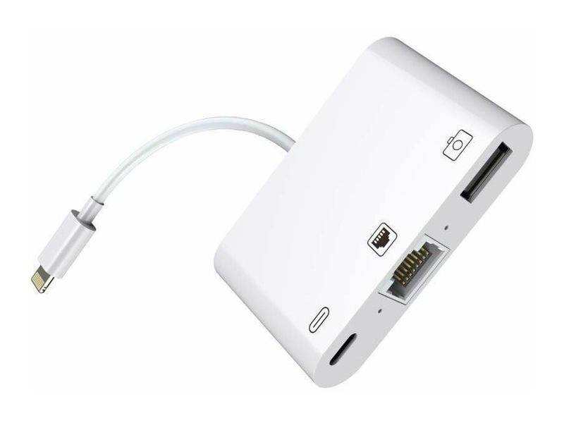 Weißer Multiport-Telefonadapter mit kurzem Kabel, mit USB-A-, Ethernet-, microSD- und USB-C-Anschlüssen sowie einem Kamerasymbol.