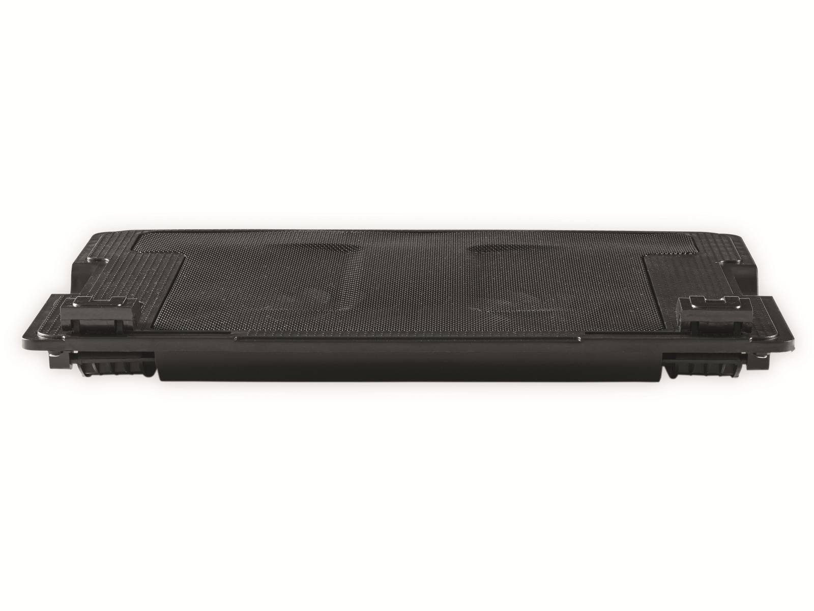 Eine flache, schwarze Laptop-Kühlunterlage mit zwei sichtbaren Lüftern, konzipiert zur Wärmeableitung, von der Vorderkante aus betrachtet.