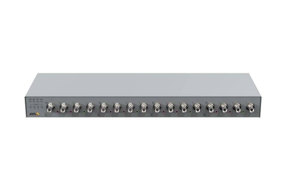 Grau angebautes elektronisches Geräte mit einer vorderen Reihe mehrerer koaxialer Steckverbinder.