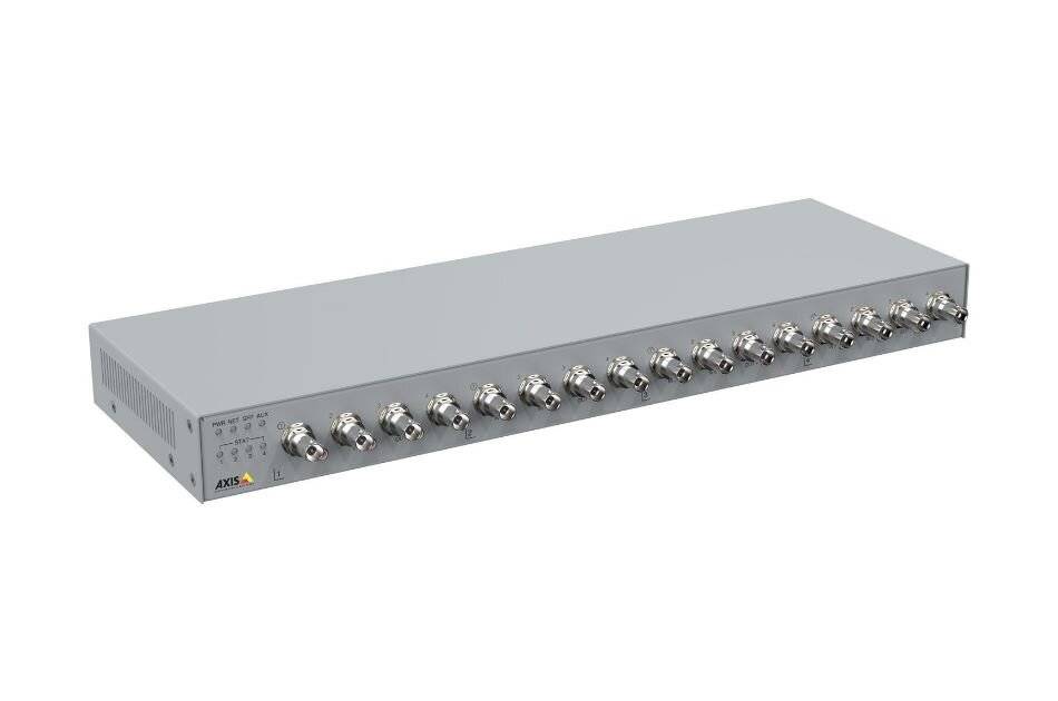 Rack-montierter Videoüberwachungsrekorder mit 16 Koaxial-Eingangssteckern auf der Frontplatte.