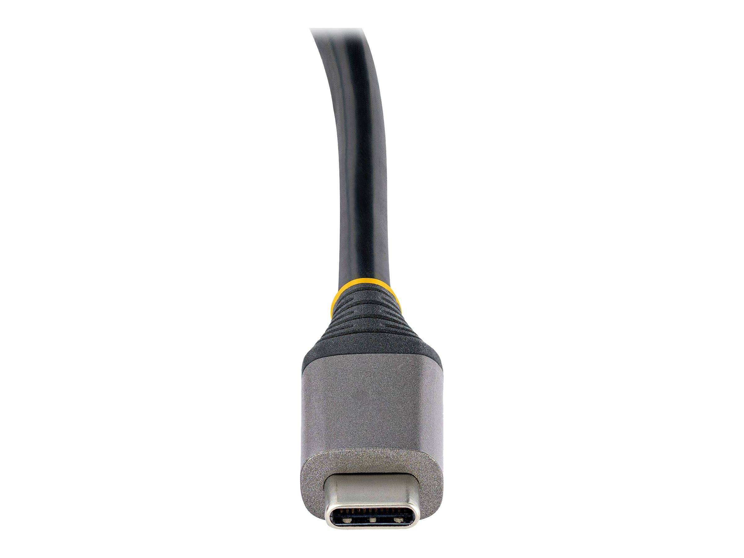Nahaufnahme eines USB-C-Kabelsteckers mit grauer Spitze auf weißem Hintergrund.