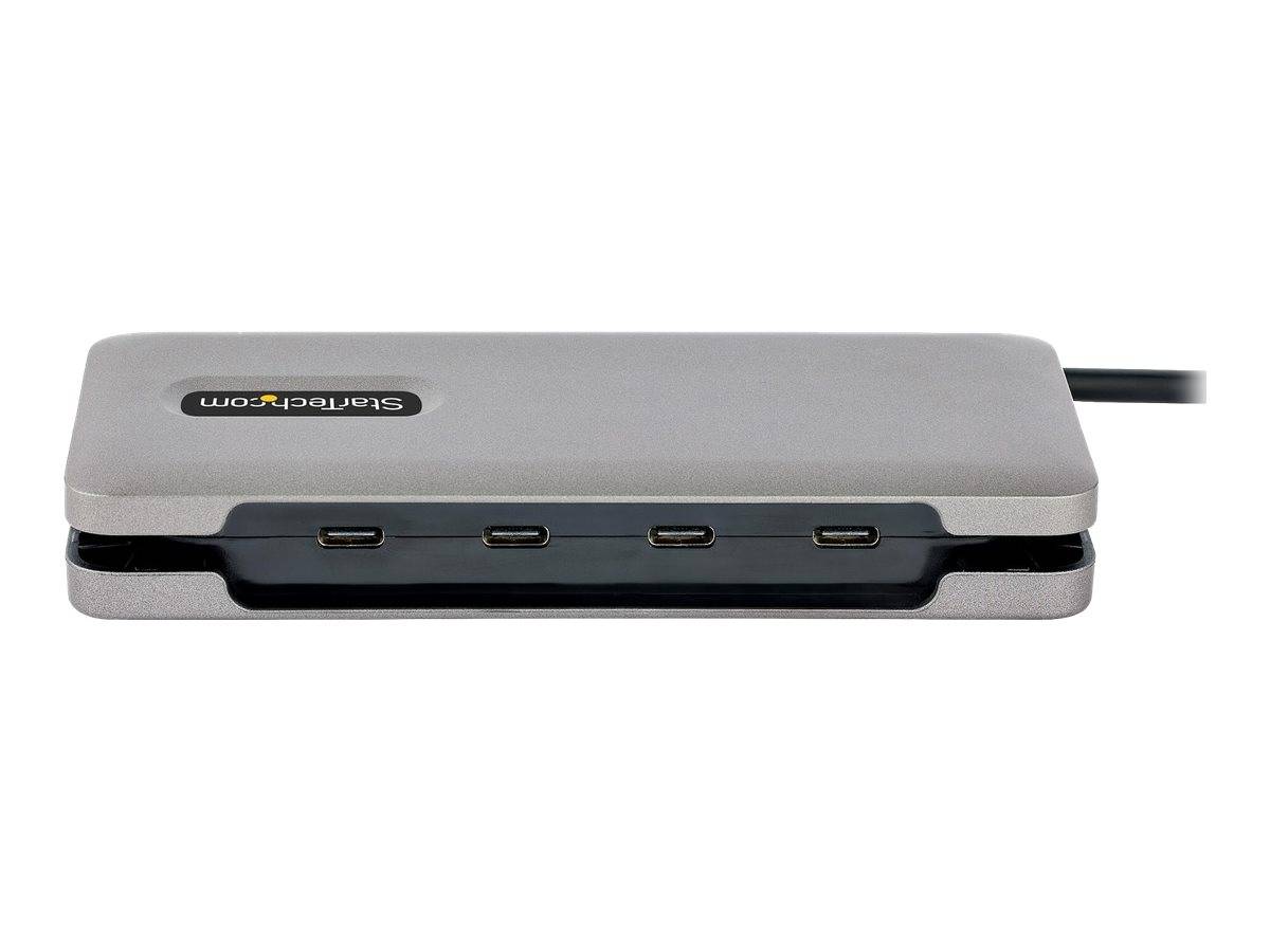 Grauer USB-C-Hub mit mehreren Anschlüssen mit vier vorderen USB-C-Anschlüssen und einem verbundenen Kabel auf weißem Hintergrund.