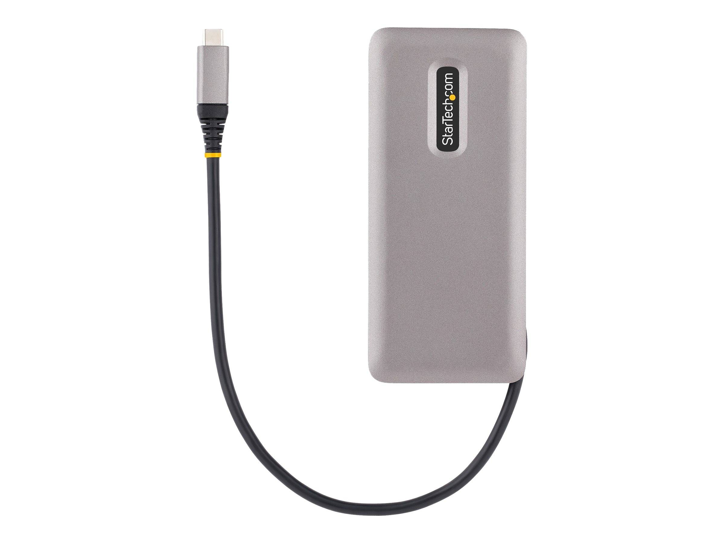 Schwarzes USB-C-Kabel verbunden mit einem silbernen externen Laufwerk-Gehäuse von StarTech.com auf weißem Hintergrund.