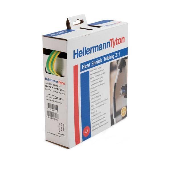Box von HellermannTyton Schrumpfschlauch 2:1. Verpackung listet Größen, Umweltschutzmaßnahmen und Anwendungsdetails auf.