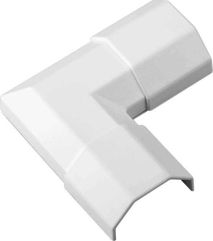 Eine weiße, L-förmige Kunststoff-Kabelabdeckung, die zur Abschirmung und Verdeckung von Kabeln in einer Ecke dient.