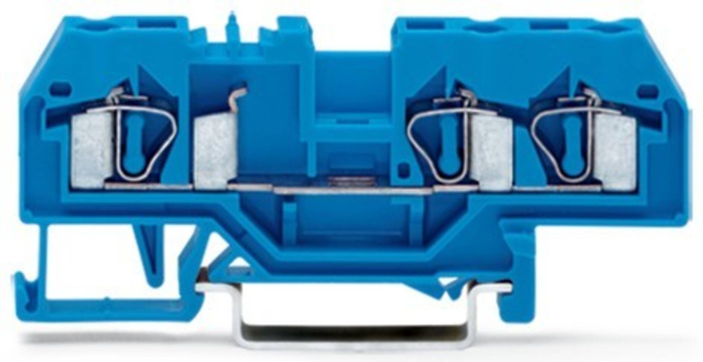 Ein blauer elektrischer Anschlussblock, der zwei Metallverbindungspunkte auf einer Schiene zeigt, der zum Sichern und Organisieren von elektrischen Leitungen verwendet wird.