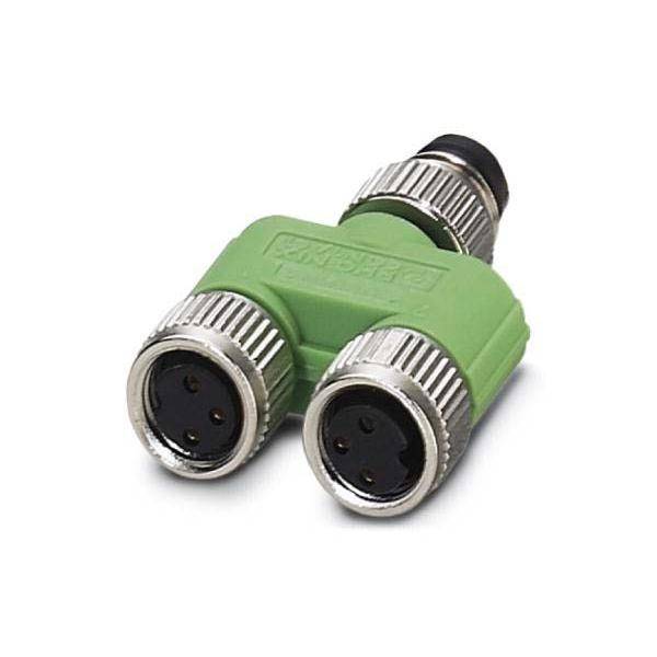 Ein grüner Y-förmiger Industriestecker mit zwei kreisförmigen Anschlüssen, der für die Signalverteilung oder Stromaufteilung in elektrischen Systemen ausgelegt ist.