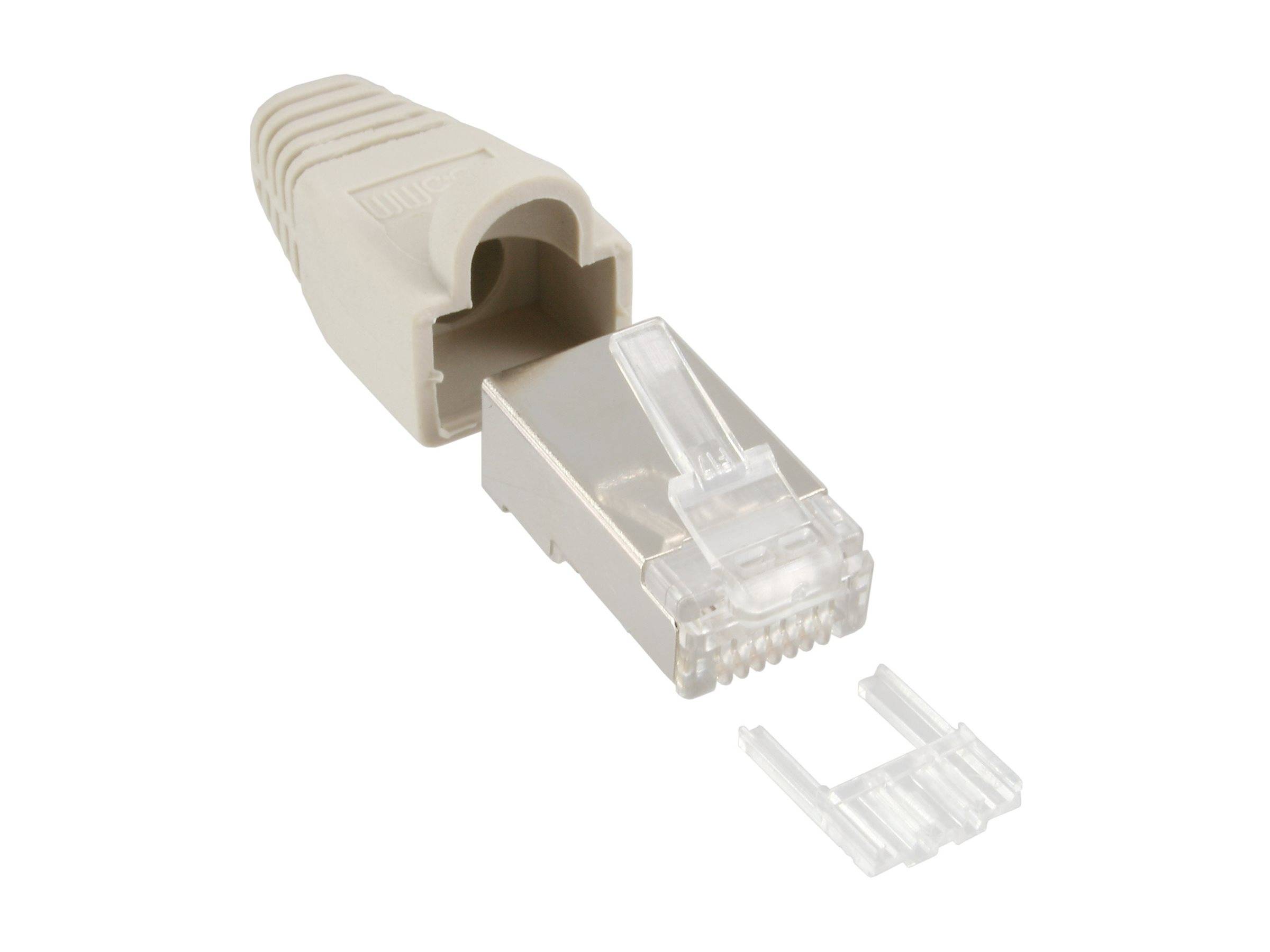 Nahaufnahme eines Ethernet-Kabelsteckers und beigem Schutzstiefel mit einem kleinen klaren Kunststoffclip-Stück, das unten gezeigt wird.