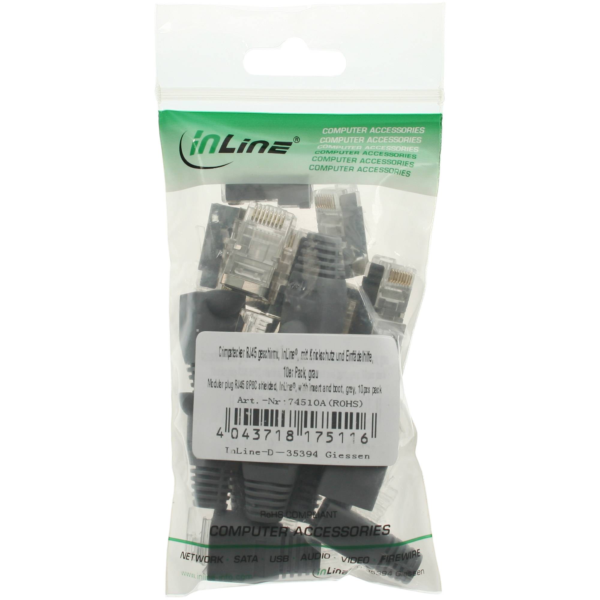 InLine 10er Pack Crimpst. RJ45 gesch. - mit Knickschutz & Einfädelhilfe - grau -