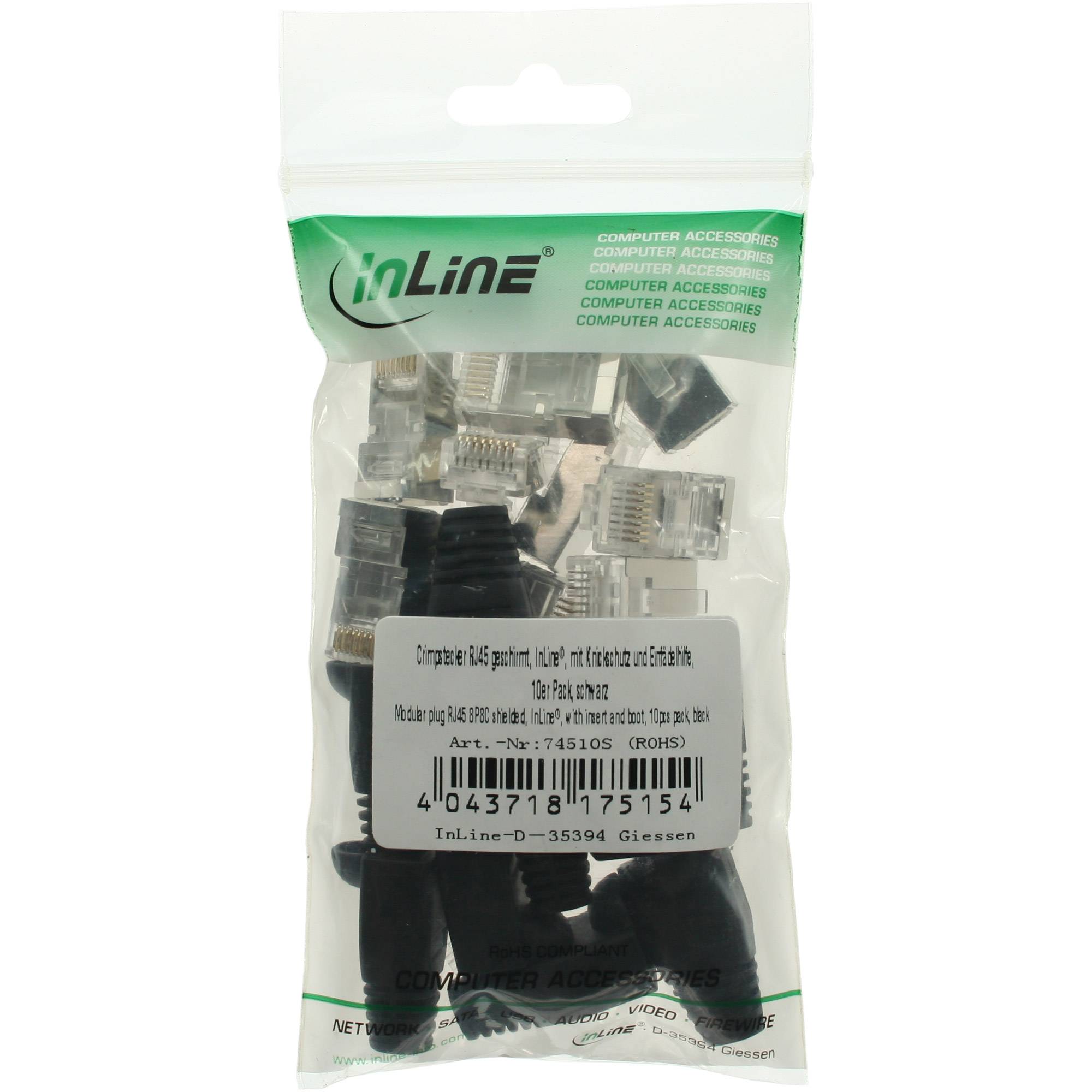 INLINE - 10er Pack Crimpst. RJ45 gesch. - mit Knickschutz & Einfädelhilfe - schwarz