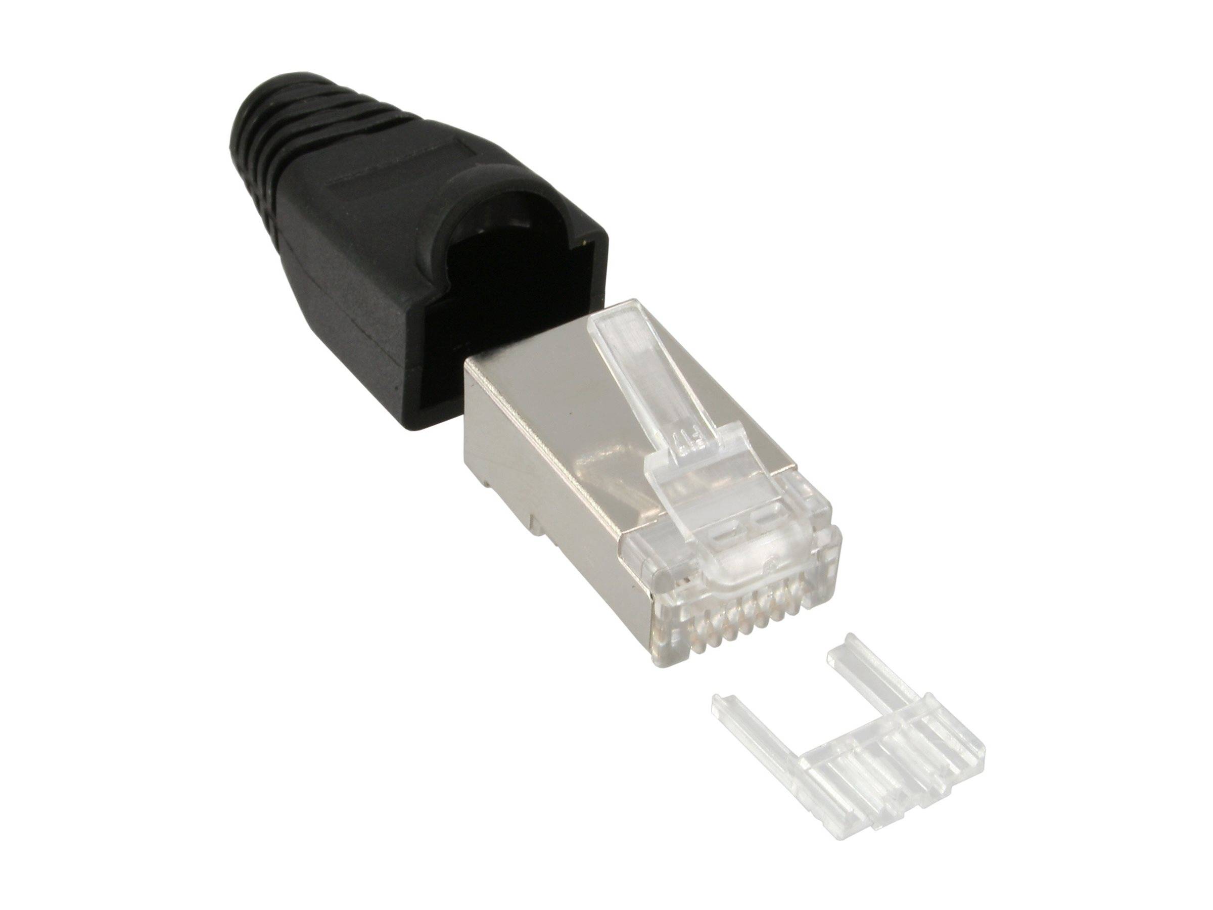 Ethernet-Kabelstecker mit schwarzem Schutzstiefel und transparentem RJ45-Stecker, gezeigt mit einem kleinen transparenten Clipstück darunter.