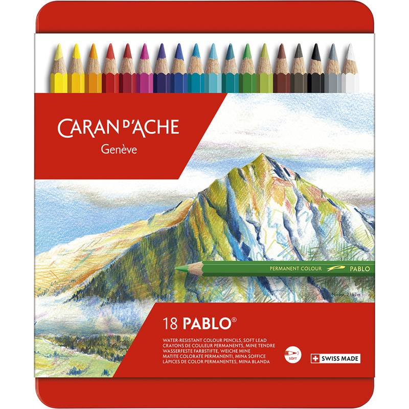 Eine Dose mit Caran d'Ache Pablo Buntstiften, die eine Illustration einer Berglandschaft zeigt. Die Dose enthält 18 Stifte.