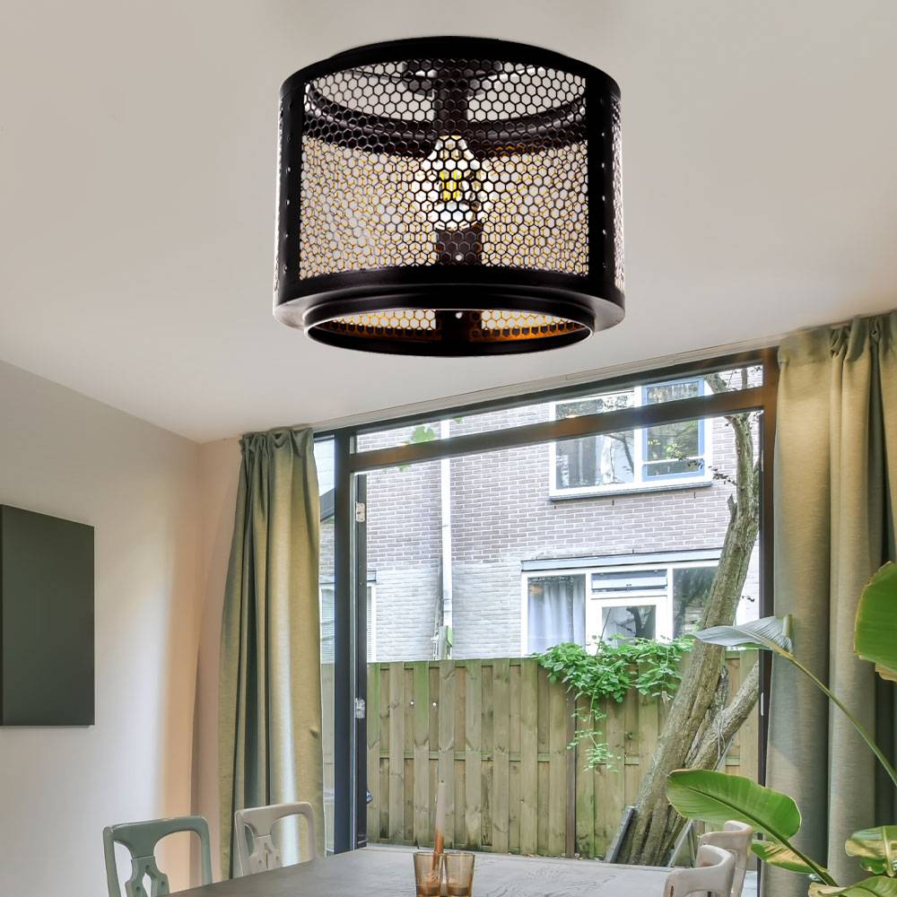 Deckenleuchte Deckenlampe Wohnzimmerleuchte schwarz gold Retrolampe Esstischleuchte, Gitterschirm Metall rund, 1x E27 Fassung, DxH 40x34 cm