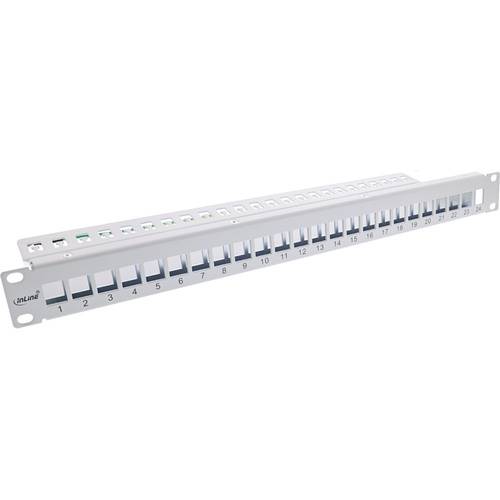 Ein 24-Port-Patchfeld für die Verwaltung von Netzwerkkabeln, das nummerierte Anschlüsse zum Organisieren und Verbinden von Ethernet-Kabeln in einem Server-Rack zeigt.