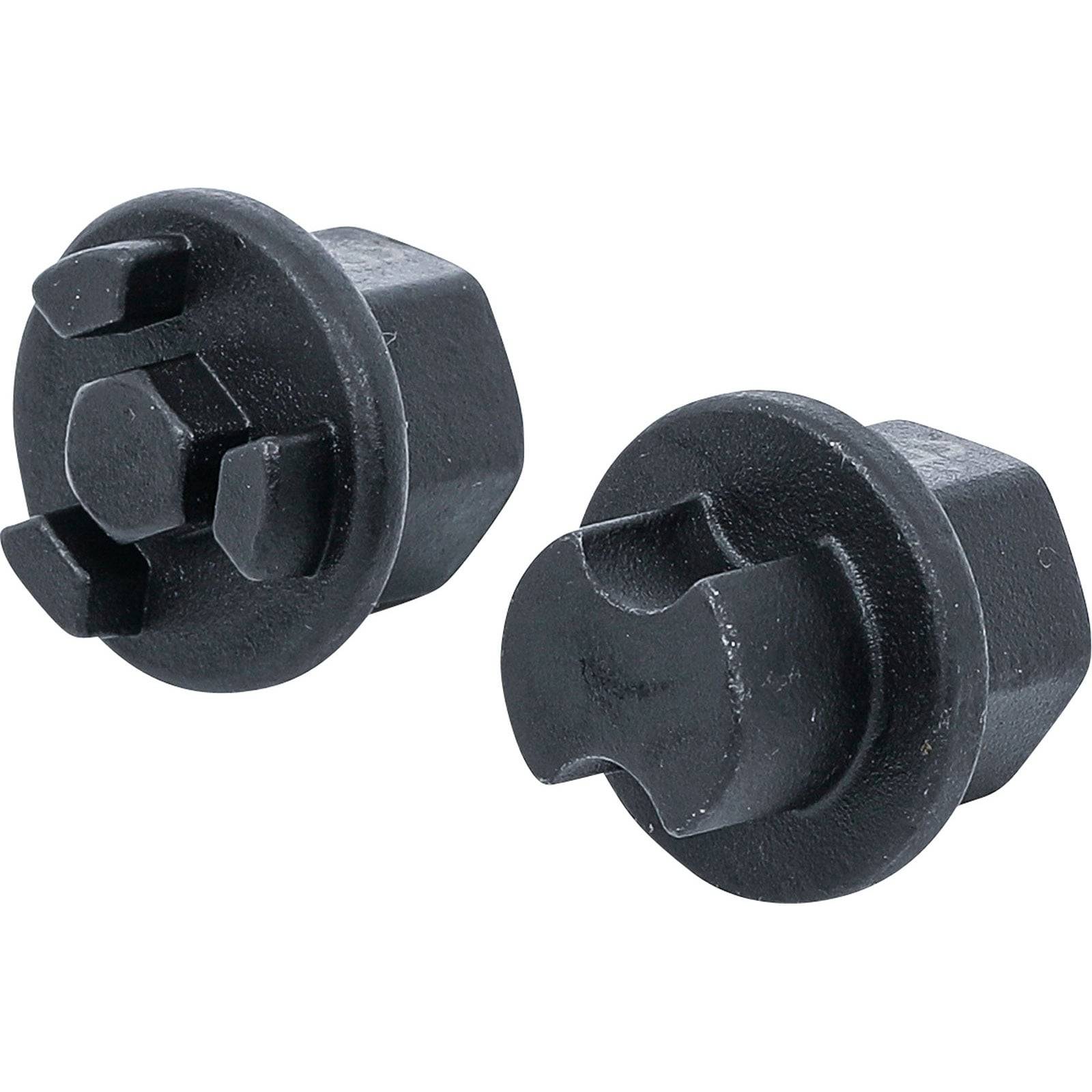 Zwei schwarze, sechseckige Radschlösser mit einzigartigen Schlüsselmustern, entwickelt zur Sicherung von Fahrzeugrädern.