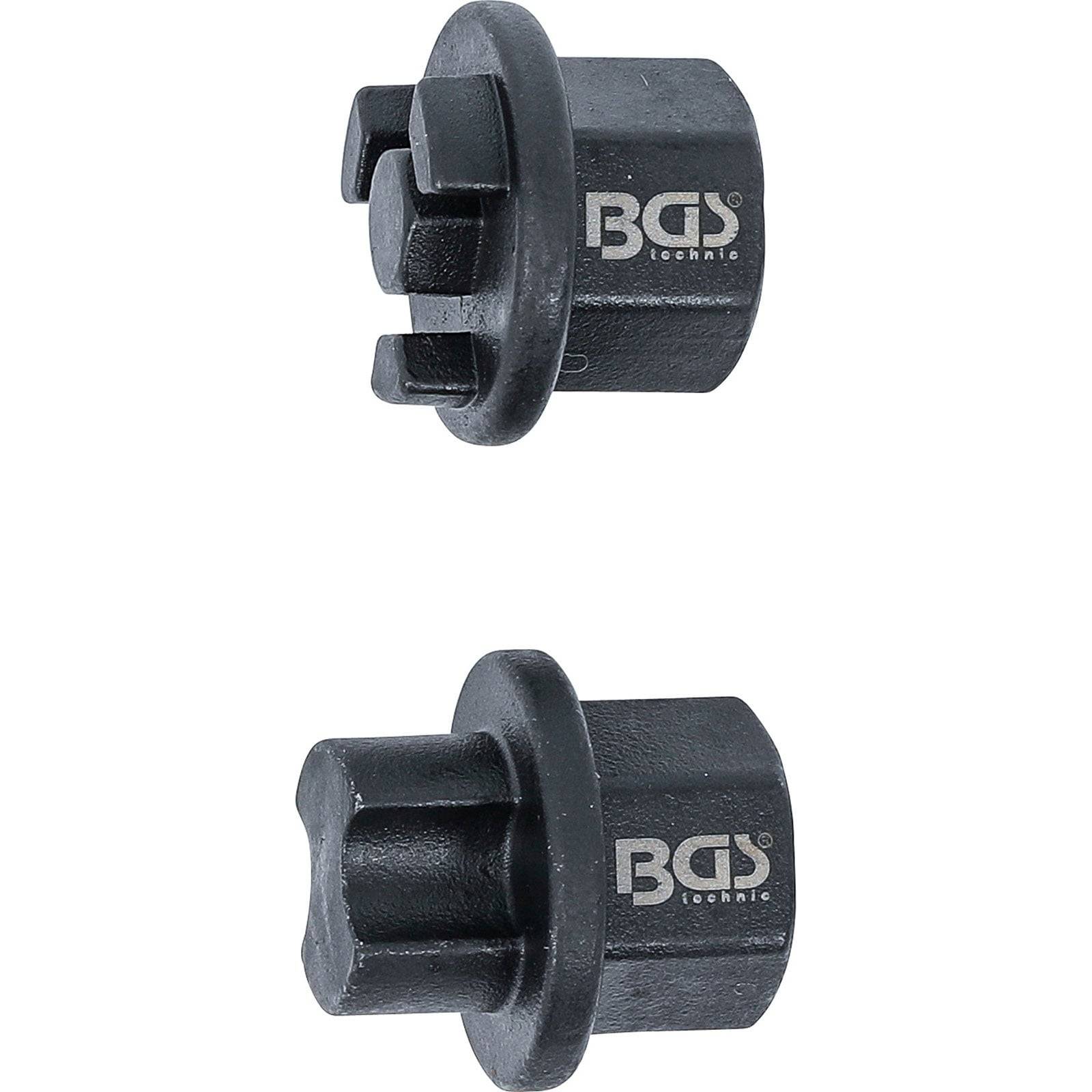 Zwei schwarze BGS Technic Radmuttern-Spezialeinsätze, Draufsicht und Seitenansicht, zur Entfernung von Radmuttern am Auto.