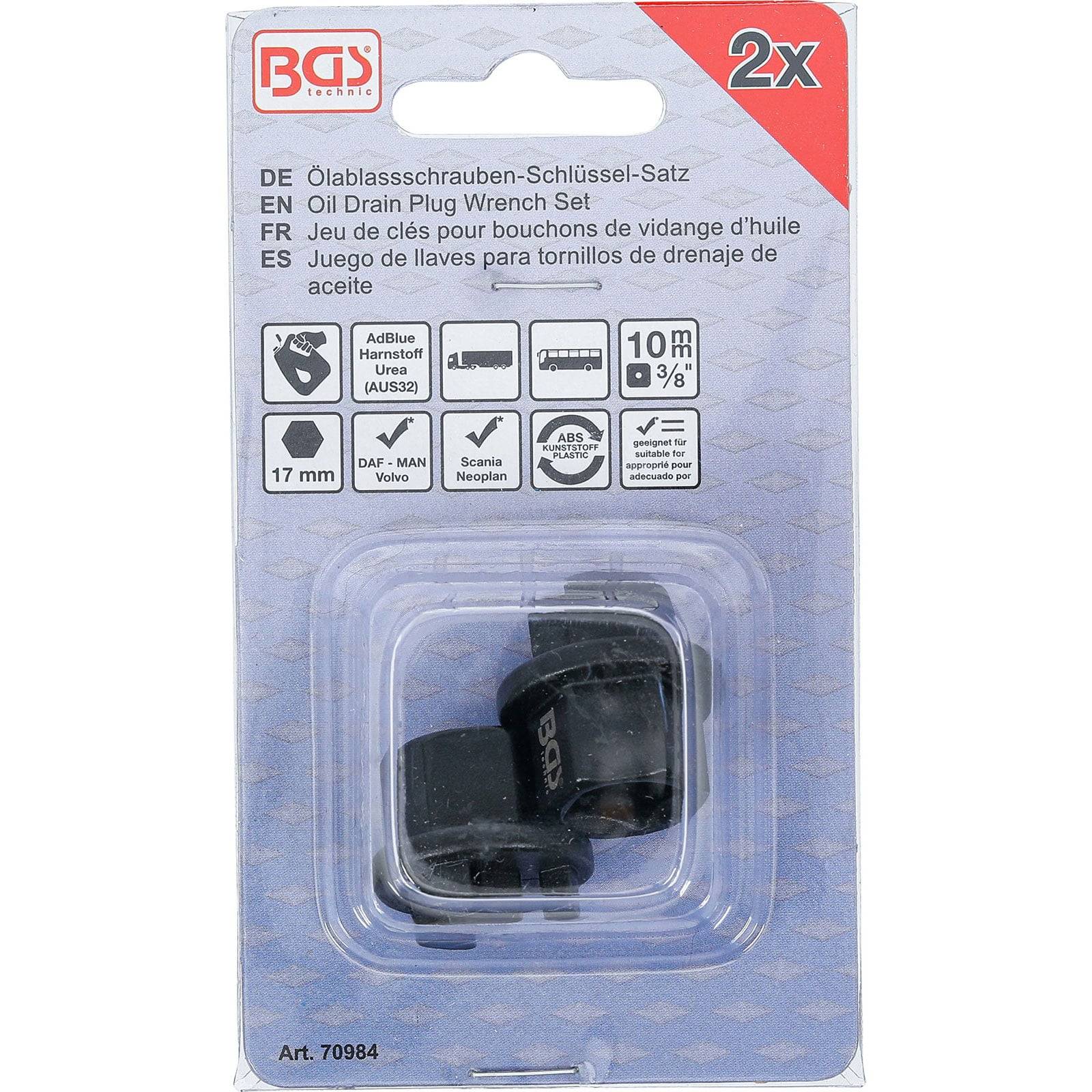 Satz von zwei Öl-Ablassschraube-Schlüsseln, mit der Bezeichnung 'Öl-Ablassschraube-Schlüssel-Set' in Englisch, mit Spezifikationen und mehrsprachigen Details.